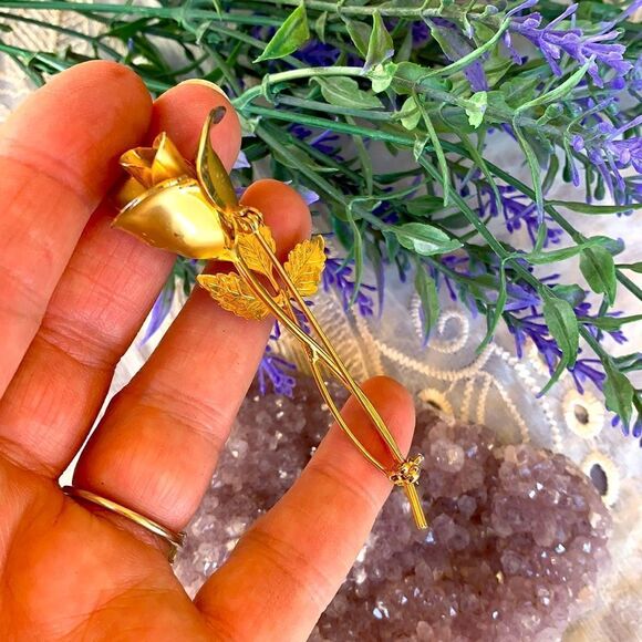 VTG Mid-Century Gold Long Stem Rose Brooch - Picture 4 of 7